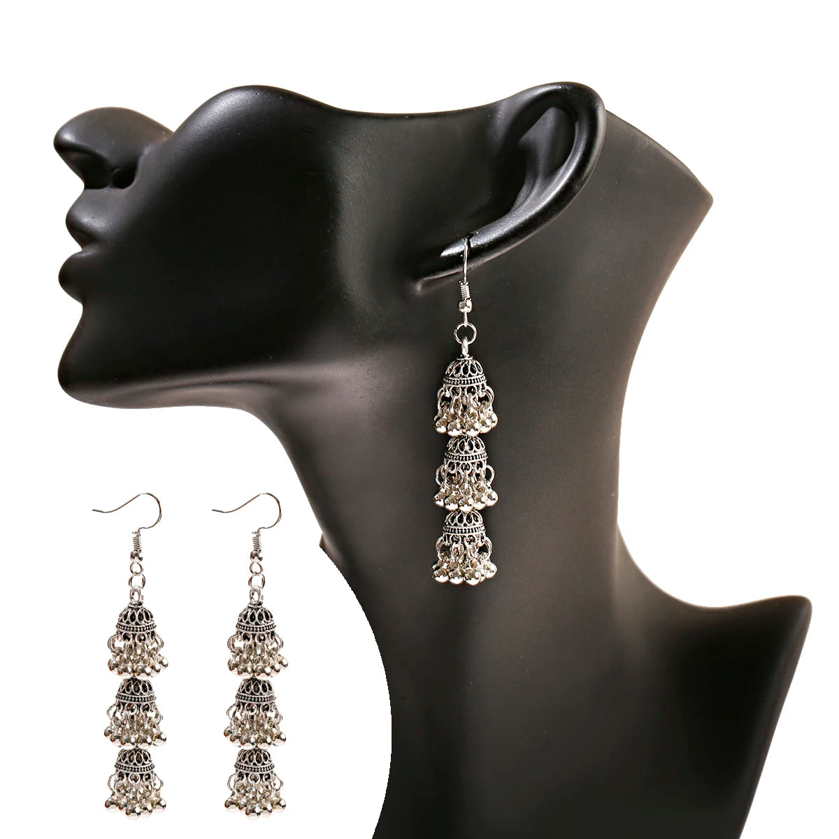أقراط هندية على شكل أجراس فضية اللون عرقية للنساء أقراط Jhumka التركية العتيقة مجوهرات بوهو بيجو