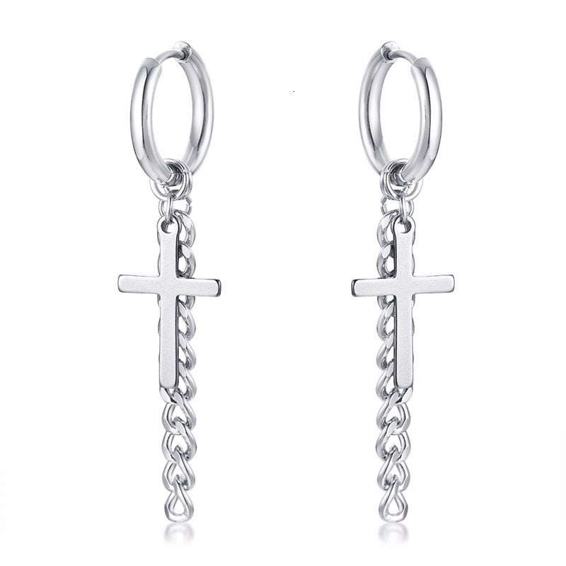 Men Bar Detail Hoop Earring For Women Men Piercing Stainless Steel Fringed Chain Earing - Charlie Dolly