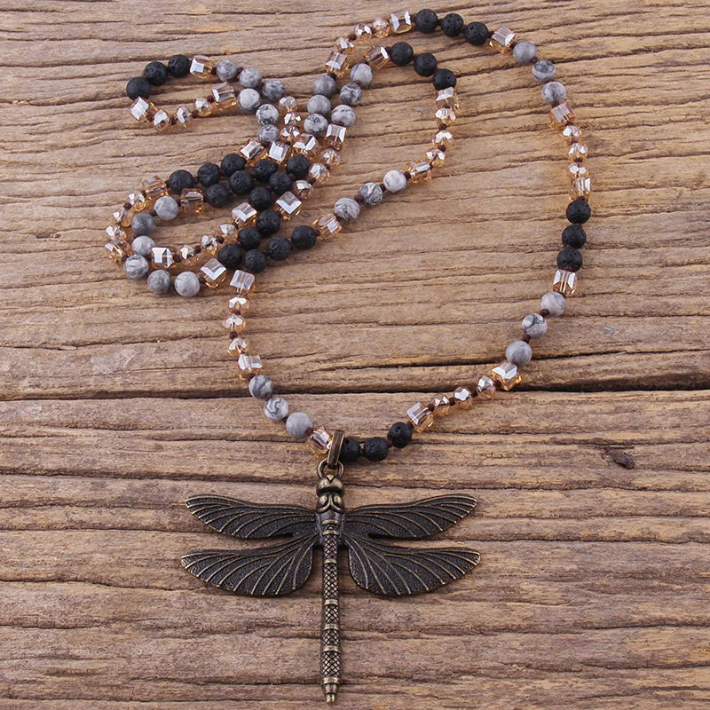 Retro Dragonfly Knotted Crystal Necklace Jewelry