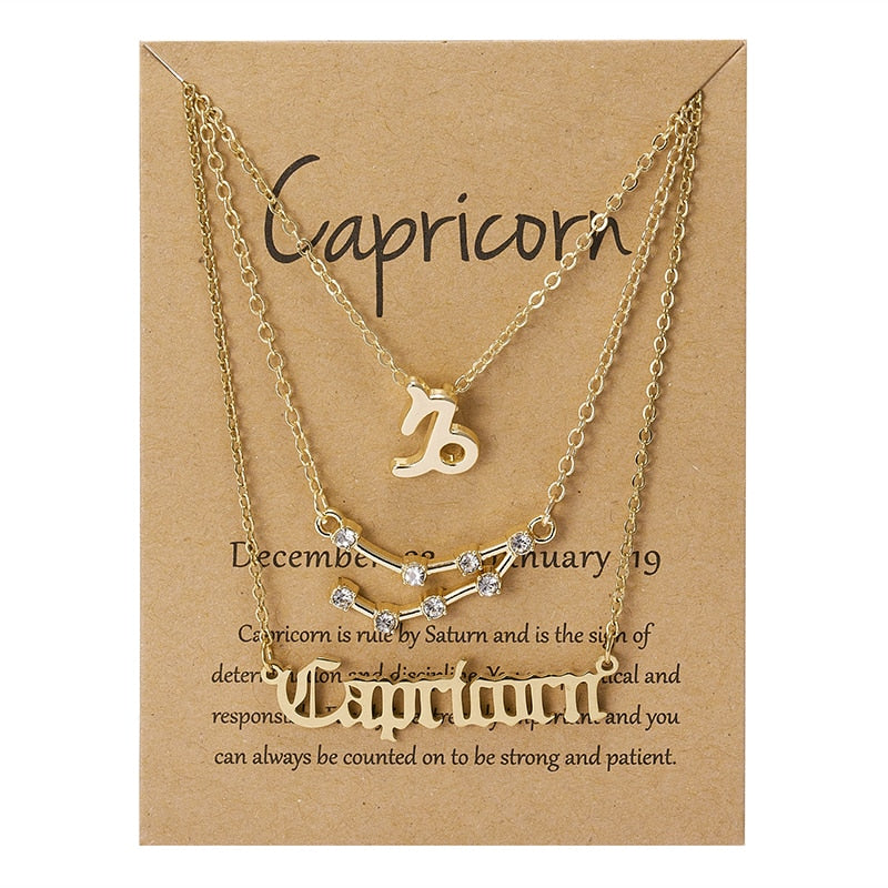 3Pcs/set 12 Zodiac Sign Necklace For Women 12 Constellation Pendant Chain Choker Birthday Jewelry With Cardboard Card - Charlie Dolly