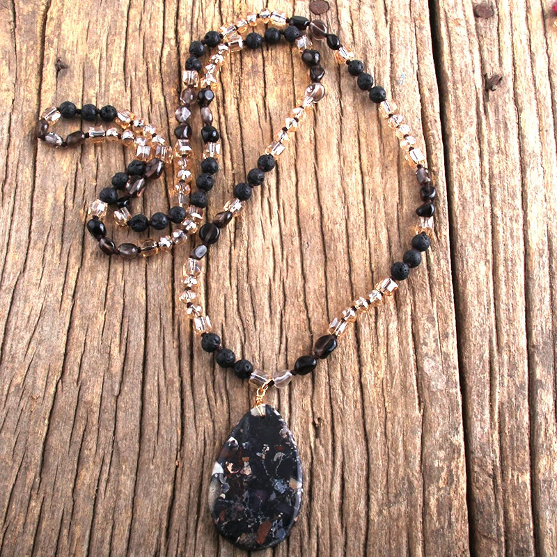 RH Fashion Bohemian Jewelry 6mm Natural Stones Crystal With Semi Precious Dorp Pendant Necklaces For Boho Necklace