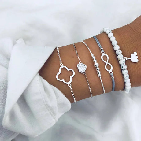 Boho Charm and Crystal Bead Bangle Bracelet Set