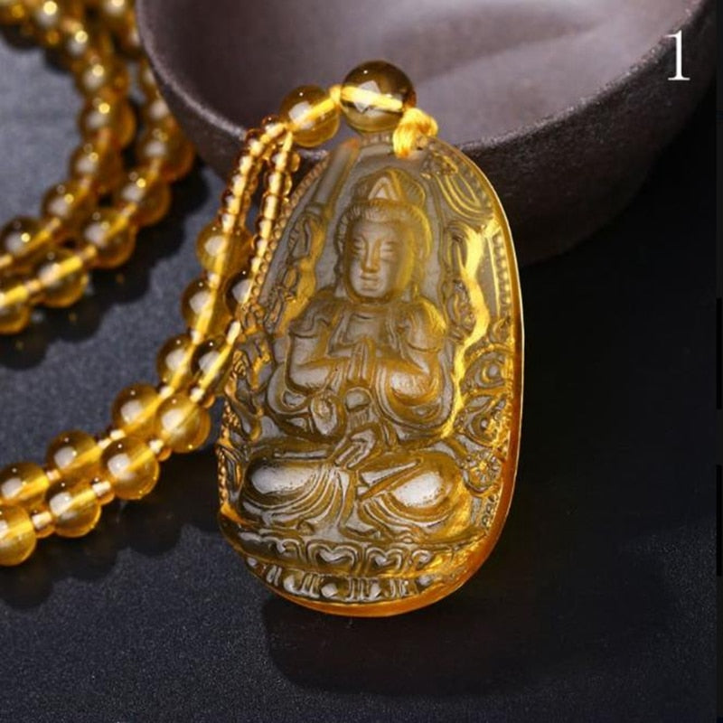 Buddha Guardian Gods Pendant Necklace For Women Men Carved Yellow Stone Amulet Necklaces Jewelry - Charlie Dolly