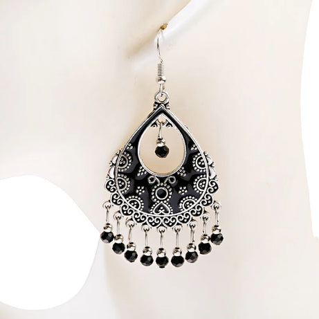خمر الخرز الأحمر شرابة أقراط الزفاف الهندي Jhumka العتيقة بوهو الفضة اللون زهرة منحوتة إسقاط أقراط Brincos مجوهرات