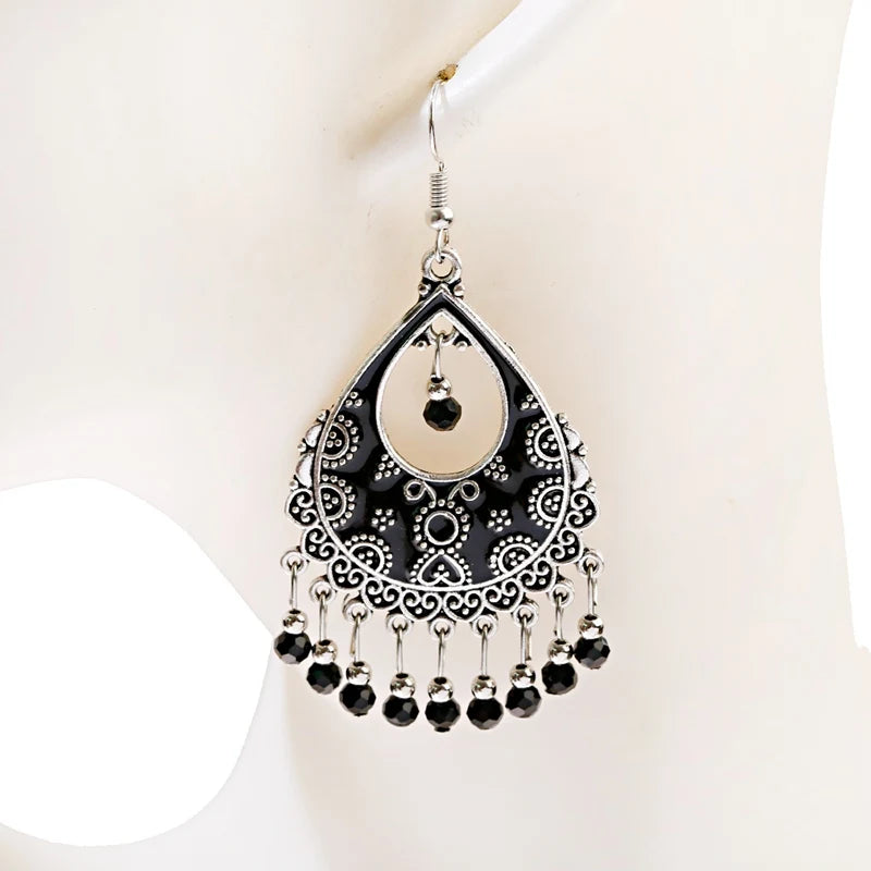 خمر الخرز الأحمر شرابة أقراط الزفاف الهندي Jhumka العتيقة بوهو الفضة اللون زهرة منحوتة إسقاط أقراط Brincos مجوهرات