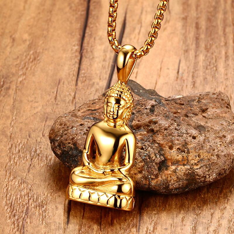 Mens Buddha Pendant Necklace Bodhisattva Amulet Talisman Necklaces in Gold-color Stainless Steel Fashion Men Jewelry collares