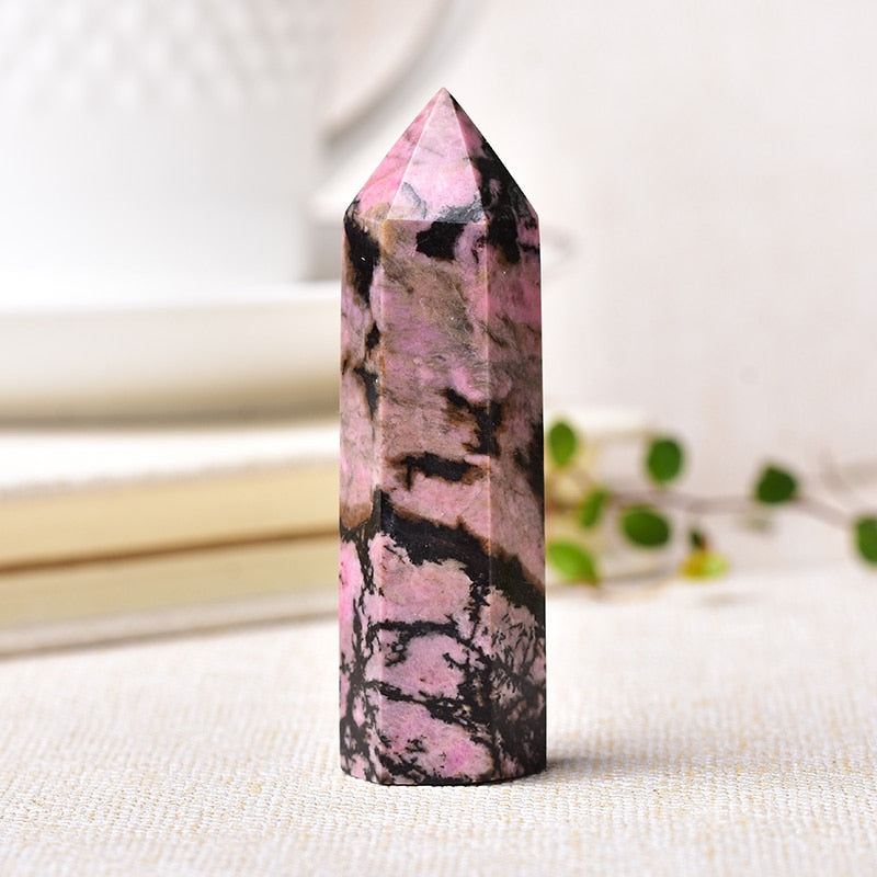 1pc Natural Quartz Point Rhodonite Healing Obelisk Pink Stone Wand Rhodochrosite Ornament for Home Decor Energy Stone Pyramid - Charlie Dolly