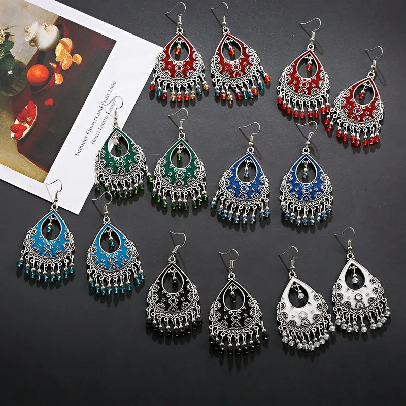 خمر الخرز الأحمر شرابة أقراط الزفاف الهندي Jhumka العتيقة بوهو الفضة اللون زهرة منحوتة إسقاط أقراط Brincos مجوهرات