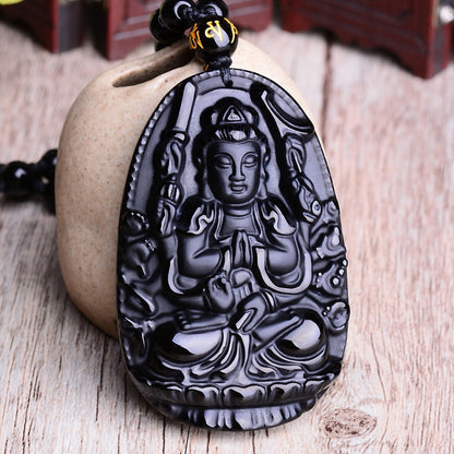 Amitabha Pendant Necklace Black Obsidian Carved Buddha Lucky Amulet Necklaces For Women Men Jewelry Gifts Jewelry