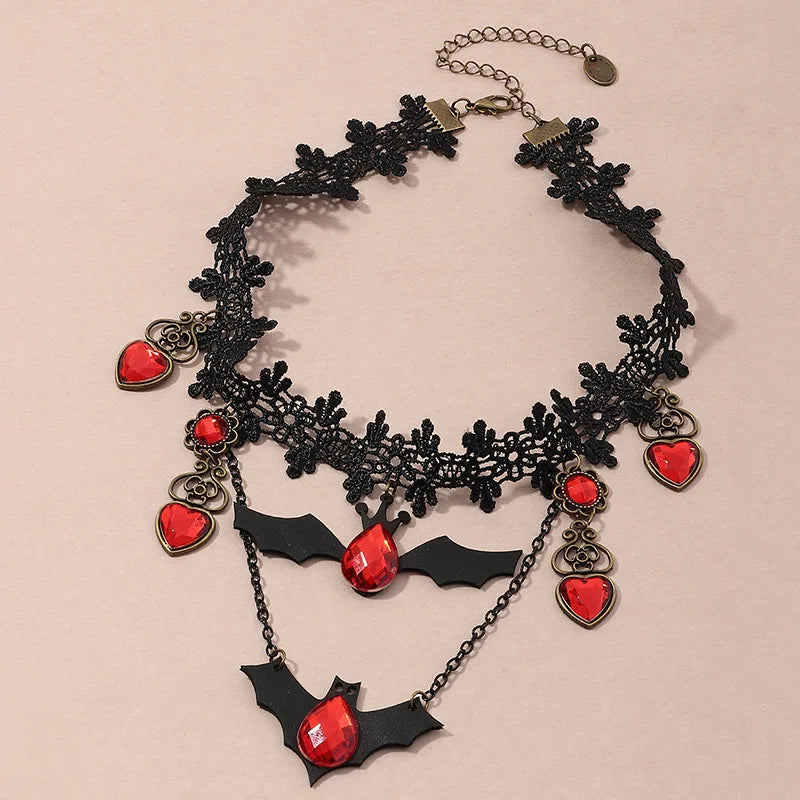 Gothic Jewelry Red Bat Halloween Necklace Lace Choker Necklace for Women Nightmare Before Christmas Black Layered Necklace 2023 - Charlie Dolly