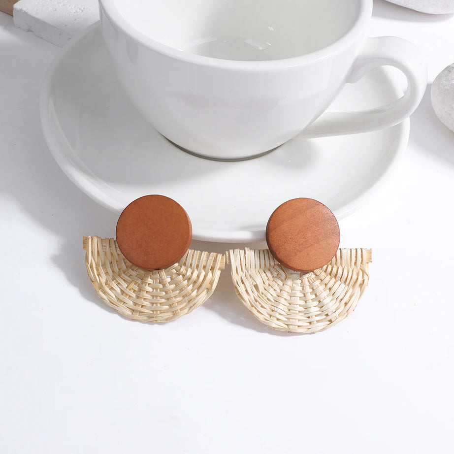 Wooden Rattan Braid Geometric Drop Earrings Jewelry