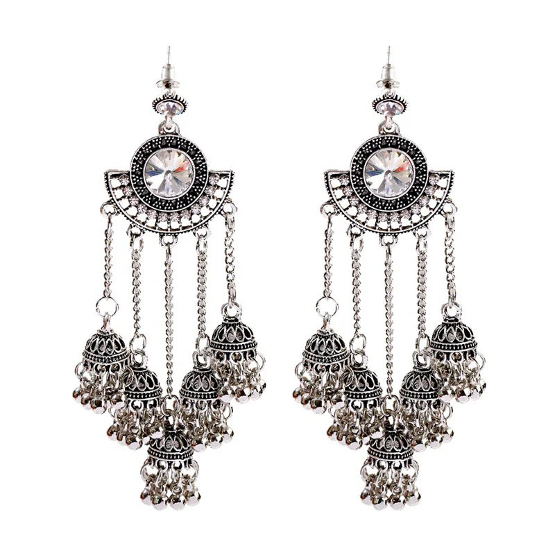 Indian Jhumka Earrings Gold Sliver Color Big Bells Drop Long Tassel Earring For Women Boho Gypsy Jewelry Gift