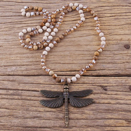 Retro Dragonfly Knotted Crystal Necklace Jewelry