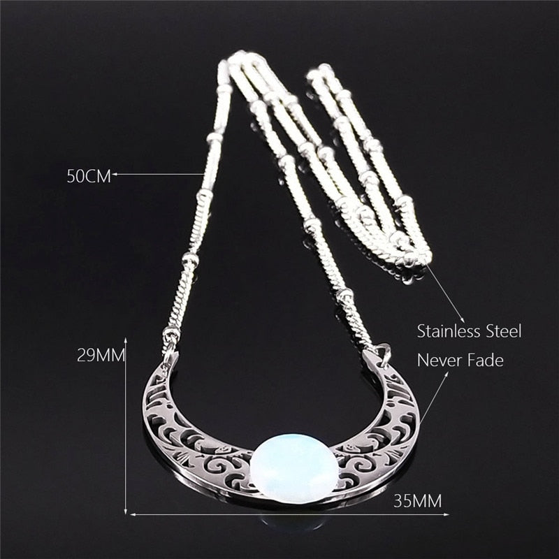 2023 Moon Moonstone Stainless Steel Chain Necklace Women Silver Color Pendants Necklaces Boho Jewelry bijoux femme N1129S04