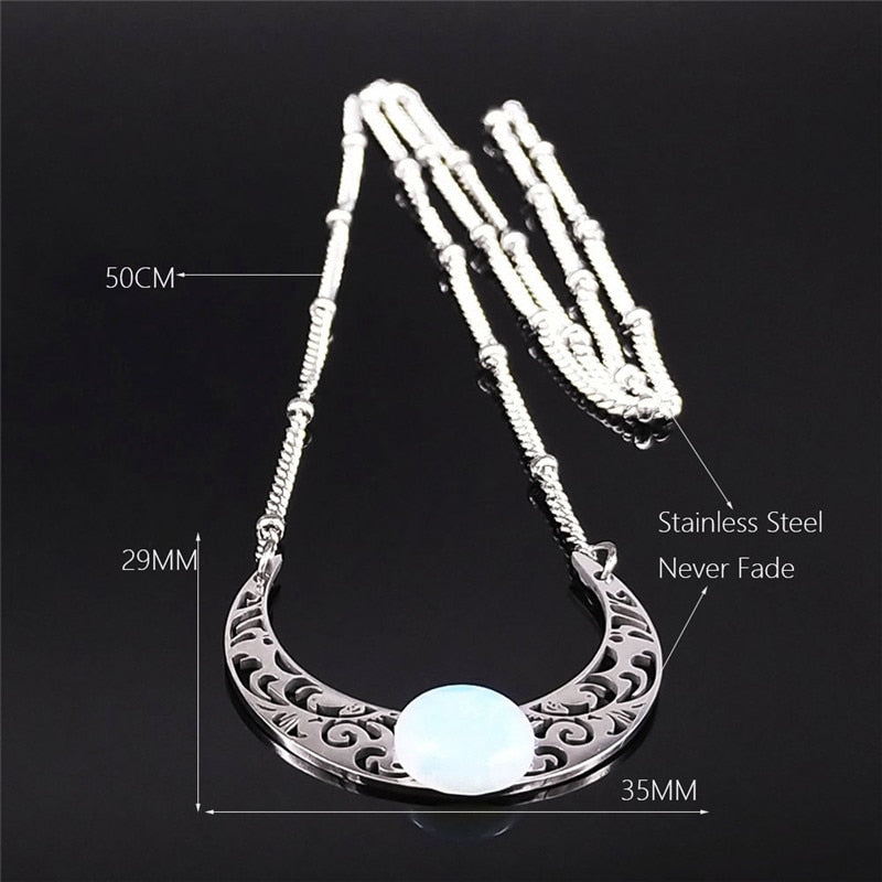 2023 Moon Moonstone Stainless Steel Chain Necklace Women Silver Color Pendants Necklaces Boho Jewelry bijoux femme N1129S04 - Charlie Dolly