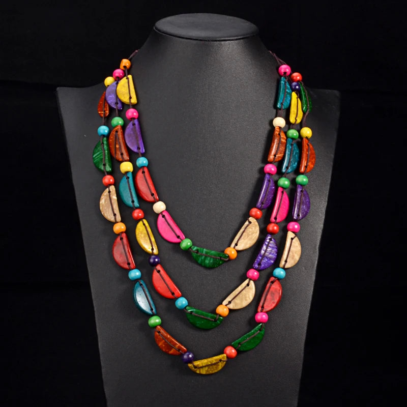 Wood Bead Multilayer Bib Statement Necklace Jewelry