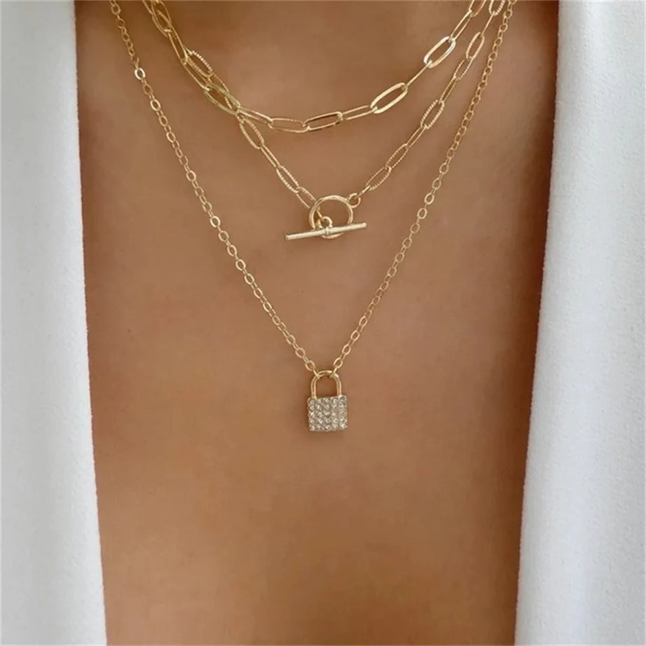 Gold Heart Multilayer Pendant Necklace Set Jewelry