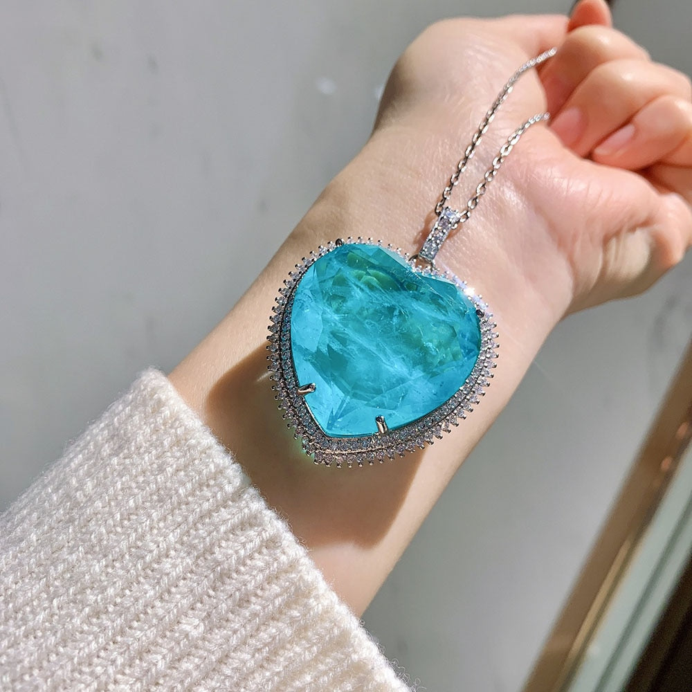2021 32*32mm Heart Blue Crystal Paraiba Tourmaline Moissanite Gemstone Pendant Necklace for Women Fine Jewelry Anniversary Gift - Charlie Dolly