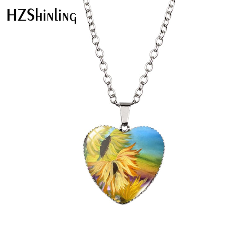 Sunflower Heart Necklace Yellow Sunflower Pendant Glass Picture Jewelry Fashion Heart Necklace HZ3 - Charlie Dolly