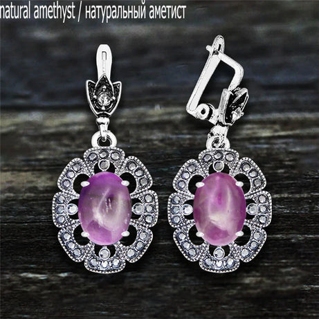 Vintage Plumflower Natural Jades Quartz Earrings For Women Antique Silver Plated Lapis Lazuli Tiger Eye Stone Fashion Earring - Charlie Dolly