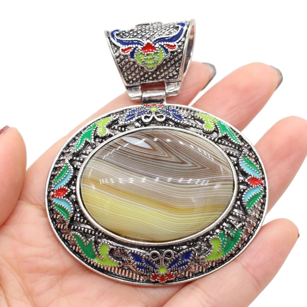 Vintage Ethnic Natural Stone Crystal Agates Charms Elliptical Boho Abalone Shell Pendant for Jewelry Making DIY Necklace Gift