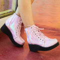 JIALUOWEI New Style Unisex's Shoes Punk Wedge Heel 7cm Pink Holographic Leather Halloween Costumes Gothic Ankle boots - Charlie Dolly