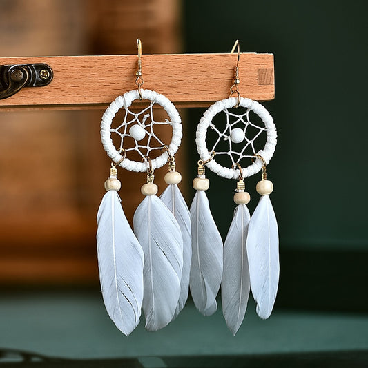 Bohemian Hollow Dream Catcher Leaf Feather Earrings For Women Indian Jewelry Blue Natural Stone Drop Dangle - Charlie Dolly