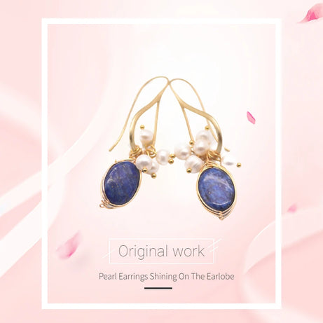 GLSEEVO Natural lapis lazuli Pearl Temperament Drop Earrings Women Girls Party Gift Original Design Luxury Jewellery Gift GE0988 - Charlie Dolly
