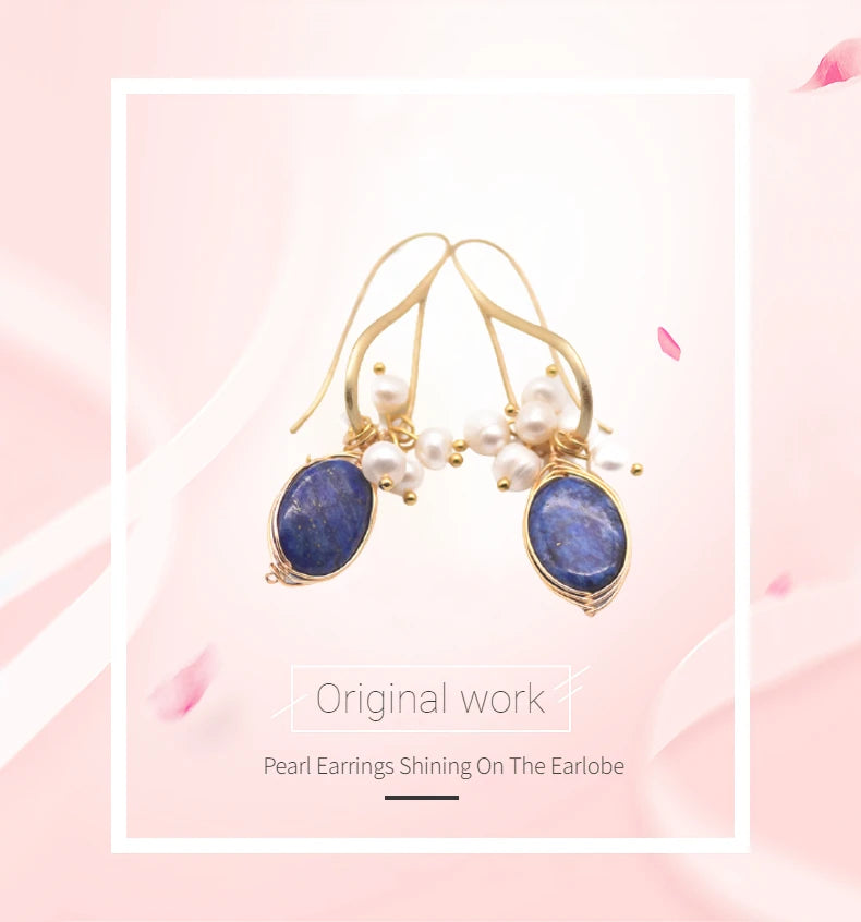 GLSEEVO Natural lapis lazuli Pearl Temperament Drop Earrings Women Girls Party Gift Original Design Luxury Jewellery Gift GE0988