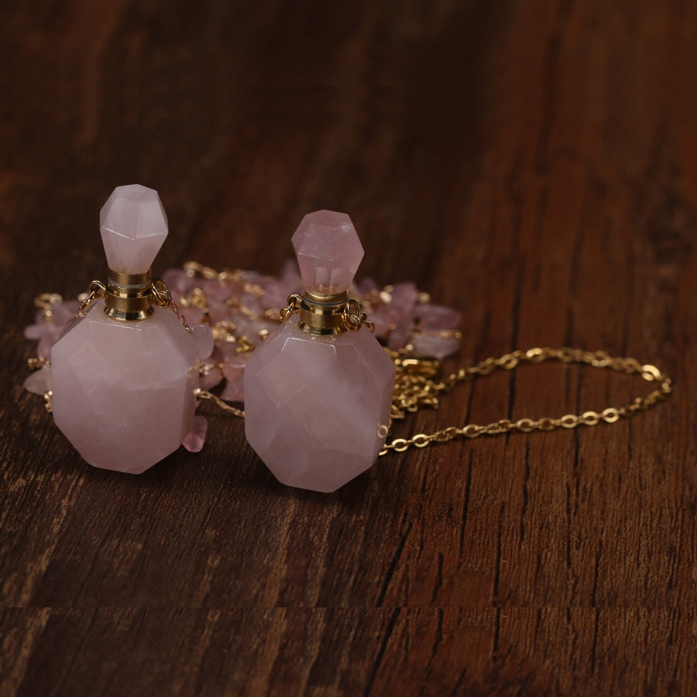 Natural Stone Perfume Bottle Necklace Pink Quartz Pendant Charms For Elegant Women Love Romantic Gift 60 CM - Charlie Dolly