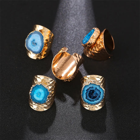 Boho Irregular Natural Stone Agate Slices Sunflower Wide Open Ring for Women Gold Plated Resizable Finger Jewelry - Charlie Dolly