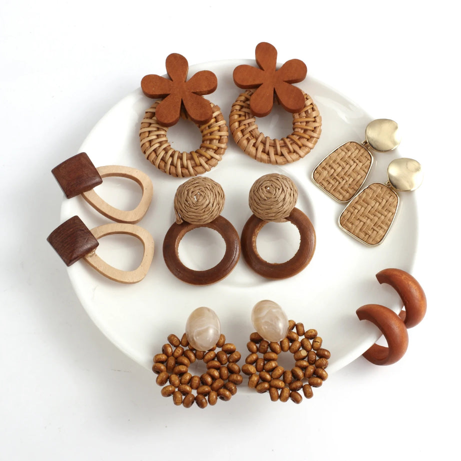 Wooden Rattan Braid Geometric Drop Earrings Jewelry