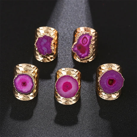 Boho Irregular Natural Stone Agate Slices Sunflower Wide Open Ring for Women Gold Plated Resizable Finger Jewelry - Charlie Dolly