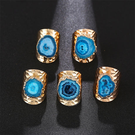 Boho Irregular Natural Stone Agate Slices Sunflower Wide Open Ring for Women Gold Plated Resizable Finger Jewelry - Charlie Dolly
