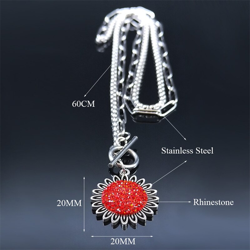 Fashion Sunflower Red Crystal Stainless Steel Chain Necklace Women/Men Bohemian Small Daisy Pearl Chain Collar Jewelry N4905S06 - Charlie Dolly