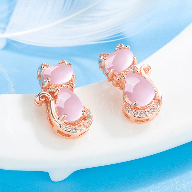 HuiSept Trendy 925 Silver Earrings Cat Shape Pink Rose Quartz Zircon Gemstones Jewelry Stud Earrings for Women Wedding Wholesale - Charlie Dolly