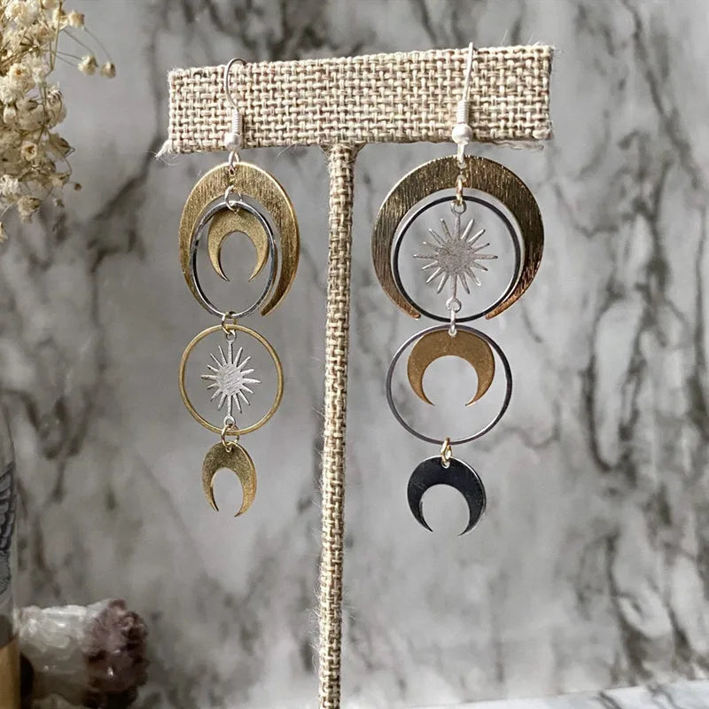 Mixed Metal Gold Silver Plated Geometric Crescent Moon Phase Earrings, Celestial Boho Witchy Jewelry