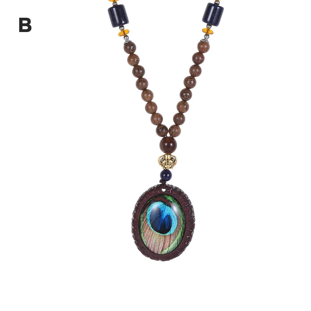 Nepal Wood Bead Pendant Long Necklace Jewelry