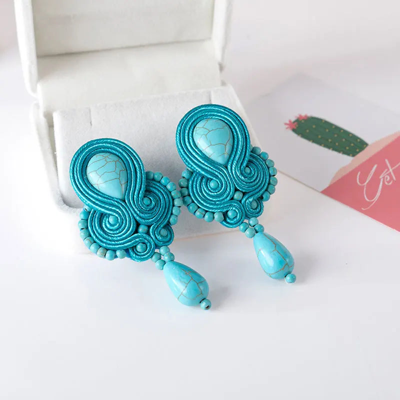 KpacoTa Soutache Jewelry Leather Drop Earrings Handmade Ethnic Boho Long Dangle Earring Women Gift colourful weaving blue purple