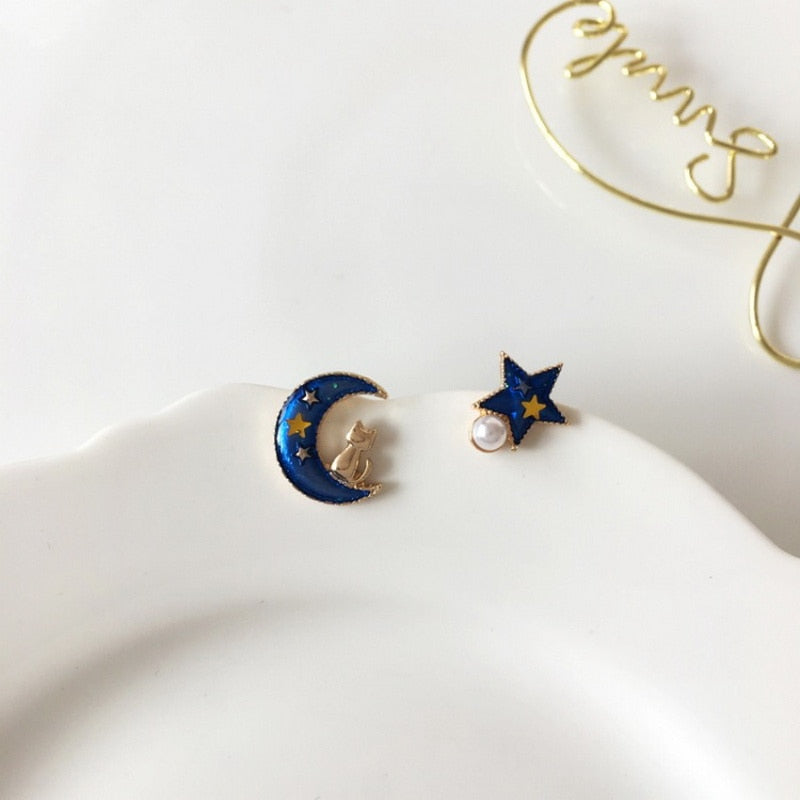 Cute Fashion Asymmetric Cat Rabbit Moon Star Stud Earrings For Women Girls Fan Flower Heart Fish Eardrop Wedding Dangle Jewelry - Charlie Dolly