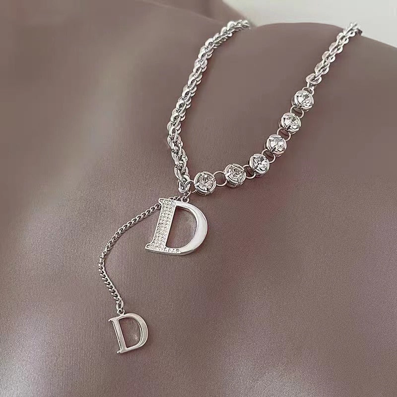 Design Sense Micro Setting Zircon D Letter Pendant Long Necklace Winter Sweater Chain Fashion Jewelry For Woman Girls Party Gift - Charlie Dolly