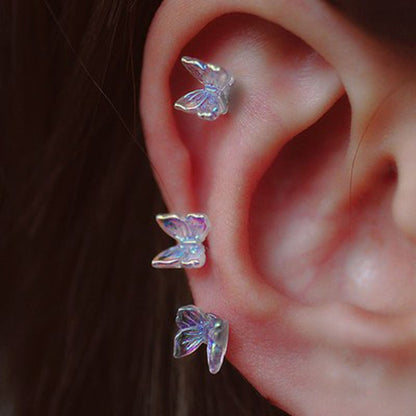 1Pcs INS Little Butterfly Stud Tragus Earring For Women Acrylic Rainbow Titanium Steel Screw Piercing Mid Low Helix Earring