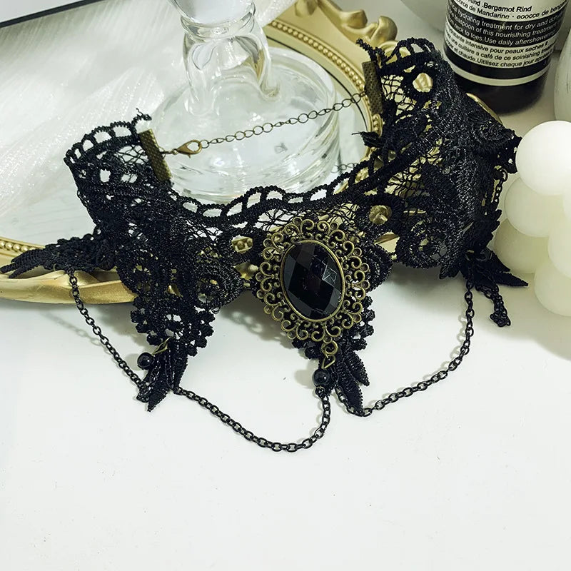 Party Jewelry Gothic Black Beaded Flowers Sexy Lace Neck Choker Necklace Vintage Tassel Chain Women Steampunk Halloween Jewelry - Charlie Dolly