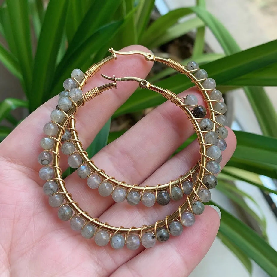 50mm Large Natural Stone Earrings for Women Ear Ring Agates Crystal Gold Plated Stainless Steel Circle Hoop Earring Boho Jewelry - Charlie Dolly