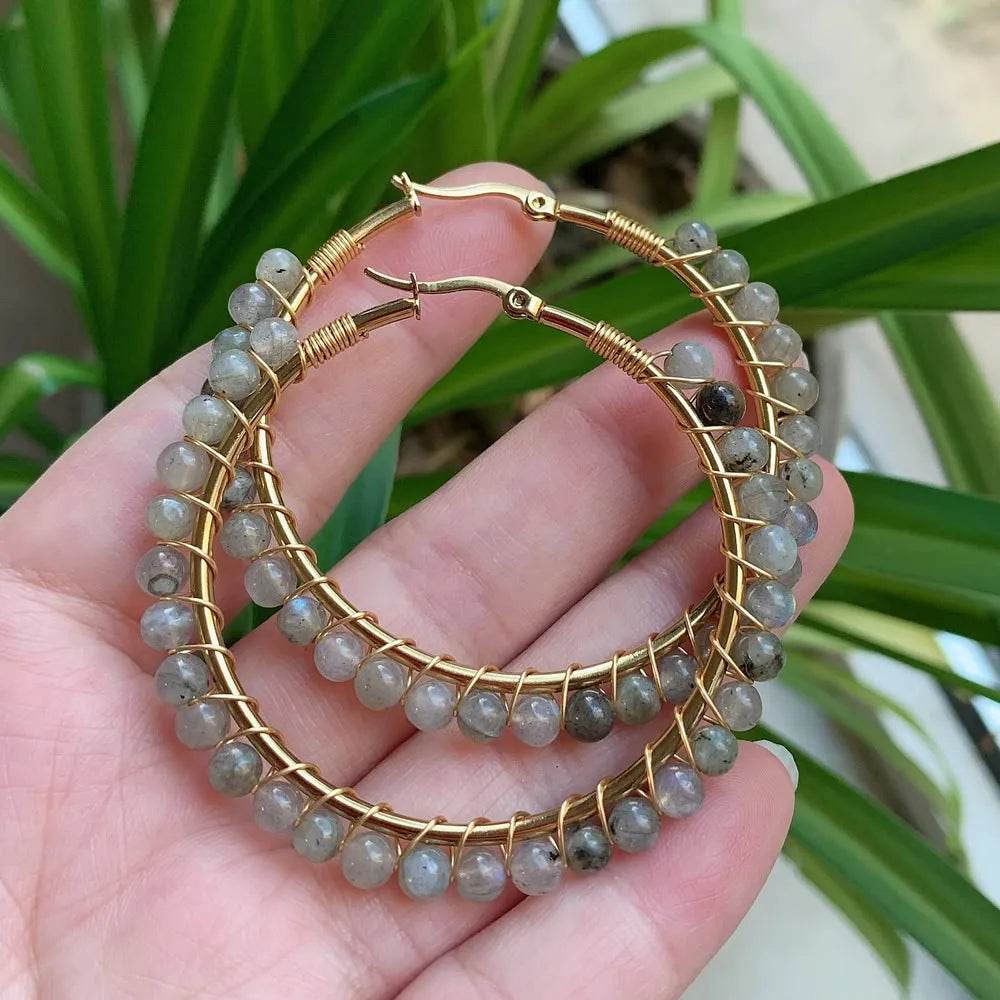 50mm Large Natural Stone Earrings for Women Ear Ring Agates Crystal Gold Plated Stainless Steel Circle Hoop Earring Boho Jewelry