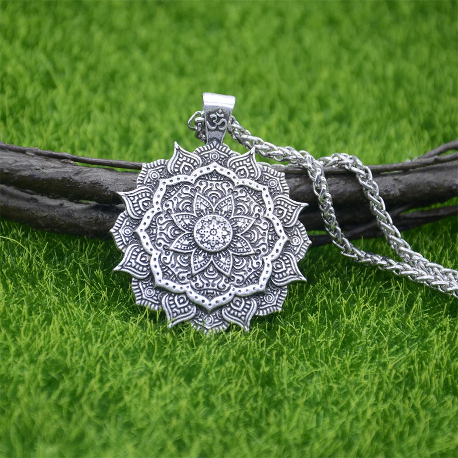 Om Lotus & Mandala Yoga Necklace, Sacred Spiritual Amulet