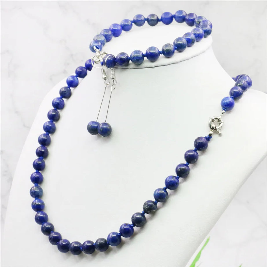 Jewelry set 8mm Egyptian Lapis Lazuli Round Beads necklace bracelet earrings Natural Stone Christmas gifts BV110 Wholesale Price - Charlie Dolly