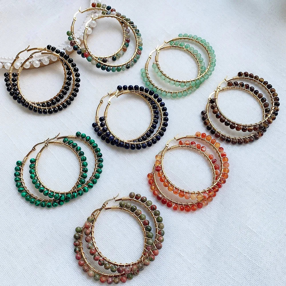 50mm Large Natural Stone Earrings for Women Ear Ring Agates Crystal Gold Plated Stainless Steel Circle Hoop Earring Boho Jewelry