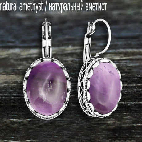 Oval Amethysts Earrings For Women Tibetan Silver Natural Stone Rose Quartz Lapis Lazuli Tiger Eye Fashion Earring - Charlie Dolly