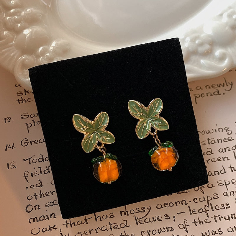 Creative Persimmon Orange Color Flower Leaf Stud Earrings For Women Painting Oil Glazed Glass Earrings Jewelry Accessories - Charlie Dolly